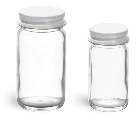 Clear Glass Jars, Clear Glass Paragon Jars w/ White Metal Foil Lined Caps