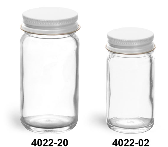 Clear Glass Jars, Clear Glass Paragon Jars w/ White Metal Foil Lined Caps