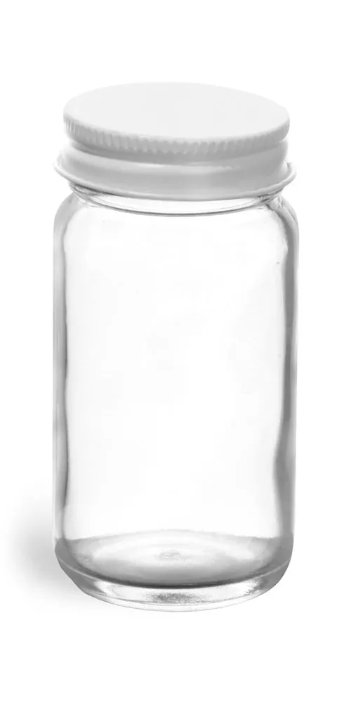 2 oz  Clear Glass Paragon Jars w/ White Metal Foil Lined Caps