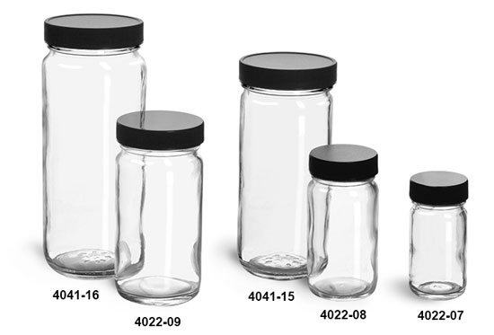Clear Glass Jars, Clear Glass Paragon Jars w/ Lined Black Ribbed Plastic Caps