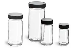 Clear Glass Jars, Clear Glass Paragon Jars w/  Lined Black Ribbed Plastic Caps