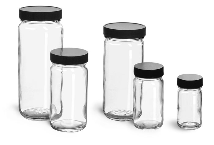 Clear Glass Jars, Clear Glass Paragon Jars w/  Lined Black Ribbed Plastic Caps