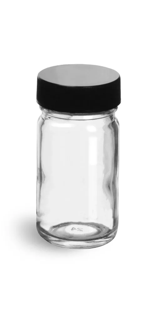 1 oz Clear Glass Paragon Jars w/  Lined Black Ribbed Plastic Caps