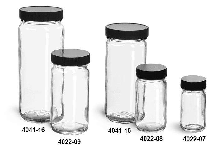 Clear Glass Jars, Clear Glass Paragon Jars w/ Lined Black Ribbed Plastic Caps