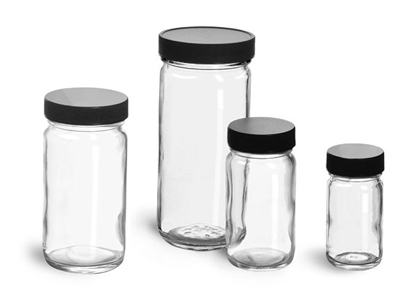 8 oz Clear Glass Paragon Jars w/  Lined Black Ribbed Plastic Caps