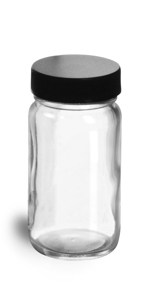 2 oz Clear Glass Paragon Jars w/  Lined Black Ribbed Plastic Caps