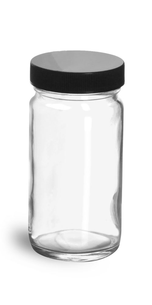 4 oz Clear Glass Paragon Jars w/  Lined Black Ribbed Plastic Caps