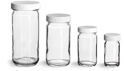 Clear Glass Jars, Clear Glass Paragon Jars w/ Lined White Ribbed Plastic Caps