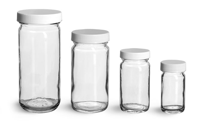 8 oz Clear Glass Paragon Jars w/ Lined White Ribbed Plastic Caps