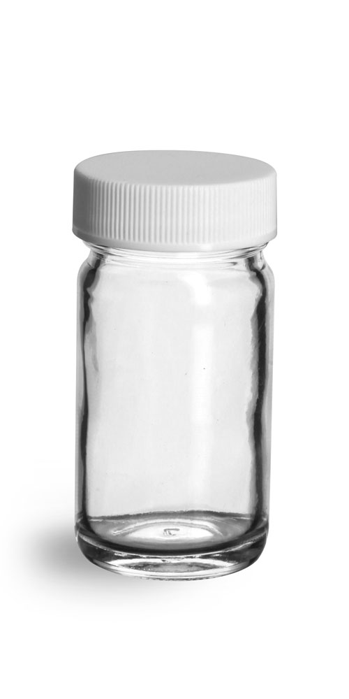 1 oz Clear Glass Paragon Jars w/ Lined White Ribbed Plastic Caps