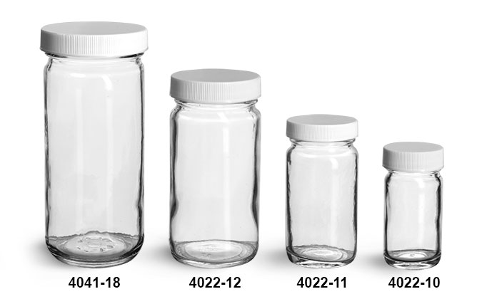 Clear Glass Jars, Clear Glass Paragon Jars w/ Lined White Ribbed Plastic Caps