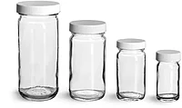 Clear Glass Jars, Clear Glass Paragon Jars w/ Lined White Ribbed Plastic Caps