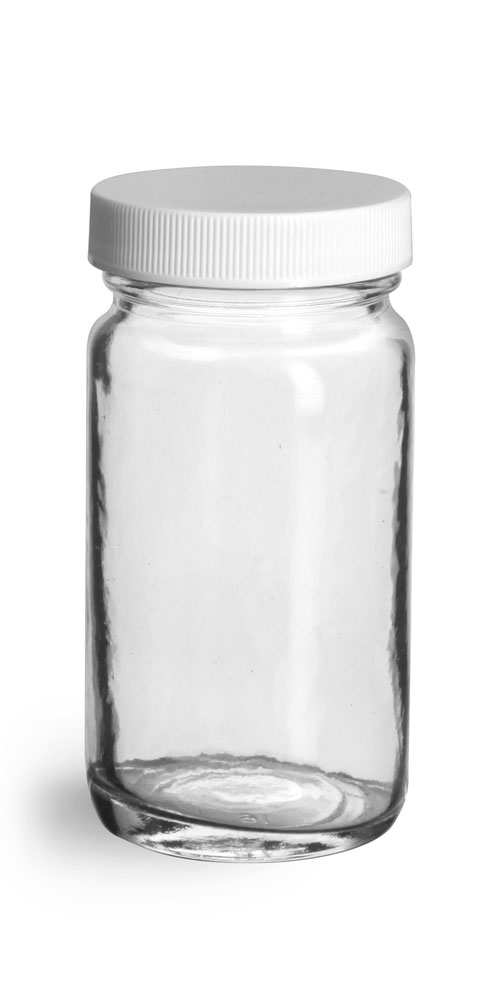 2 oz Clear Glass Paragon Jars w/ Lined White Ribbed Plastic Caps