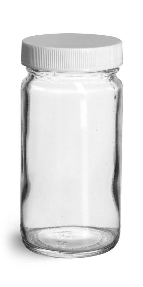 4 oz Clear Glass Paragon Jars w/ Lined White Ribbed Plastic Caps