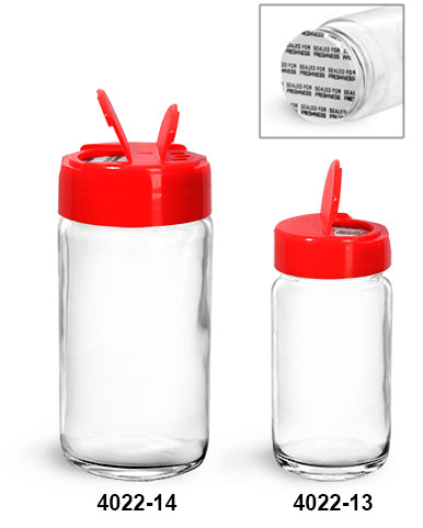 Clear Glass Jars, Clear Glass Paragon Jars w/ Red Ps 113 Lined Spice Caps