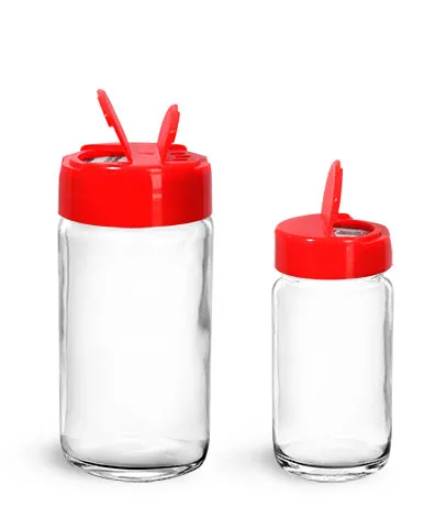 Clear Glass Jars, Clear Glass Paragon Jars w/ Red PS113 Lined Spice Caps