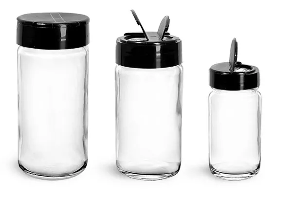 Clear Glass Jars, Clear Glass Paragon Jars w/ Black PS113 Lined Spice Caps