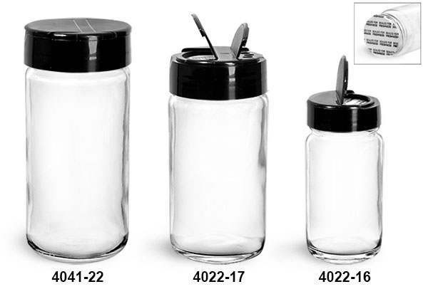Clear Glass Jars, Clear Glass Paragon Jars w/ Black Ps 113 Lined Spice Caps