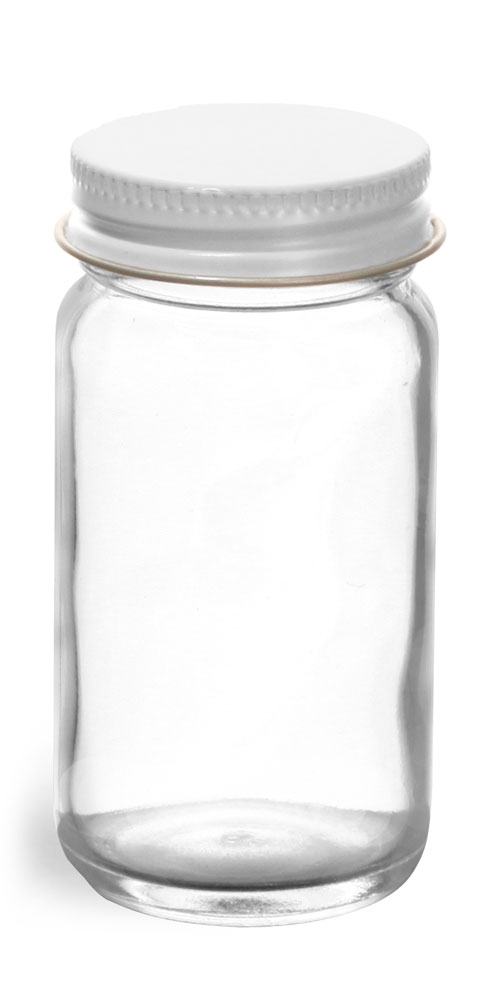 2 oz Glass Jars, Clear Glass Paragon Jars w/ White Metal Foil Lined Caps