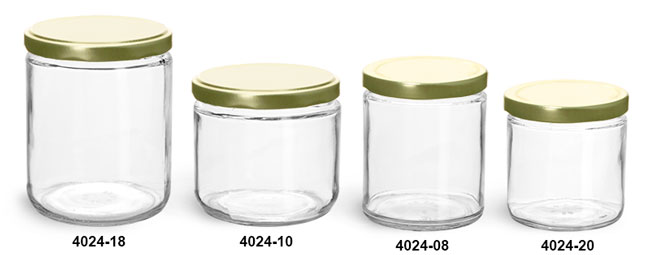 Clear Glass Jars, Clear Straight Sided Glass Jars w/ Gold Metal Plastisol Lined Lug Caps
