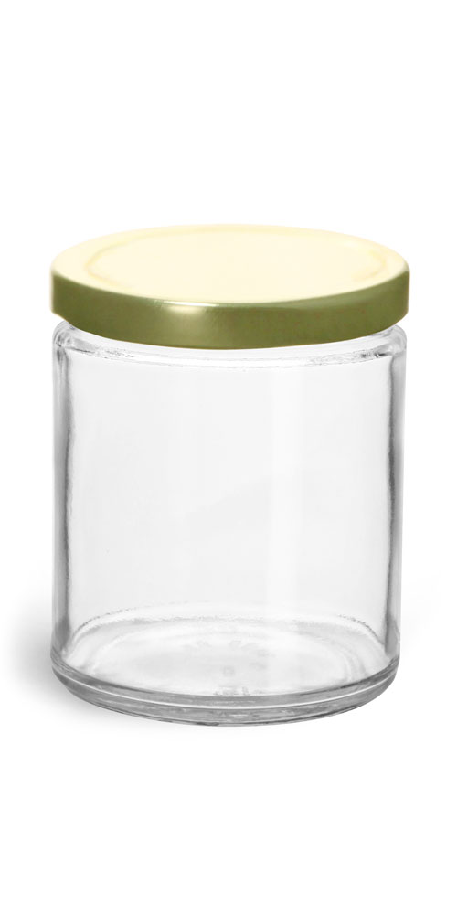 
16 oz Clear Glass Straight Sided Jars w/ Gold Metal Plastisol Lined Lug Caps