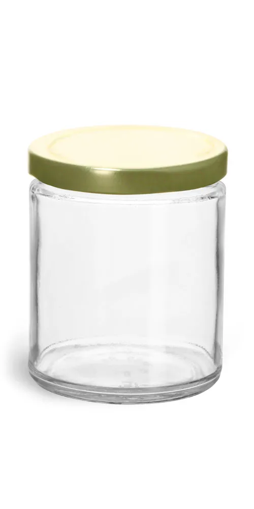 9 oz Clear Glass Straight Sided Jars w/ Gold Metal Plastisol Lined Lug Caps