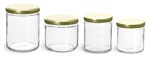 Clear Glass Jars, Clear Straight Sided Glass Jars w/ Gold Metal Plastisol Lined Lug Caps
