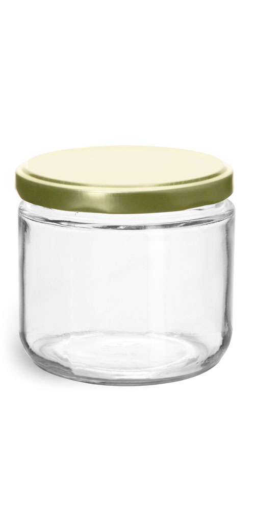 12 oz Clear Glass Straight Sided Jars w/ Gold Metal Plastisol Lined Lug Caps