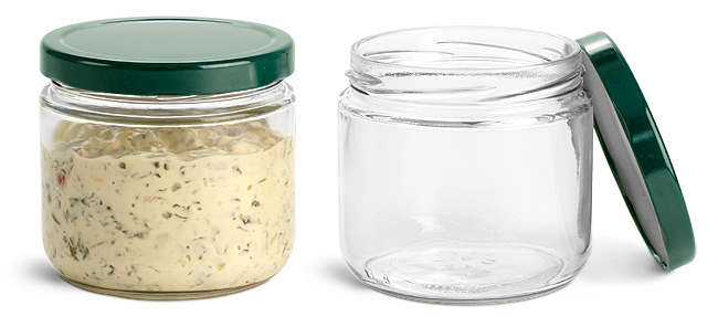 12 oz Clear Glass Jars w/ Green Metal Plastisol Lined Lug Caps