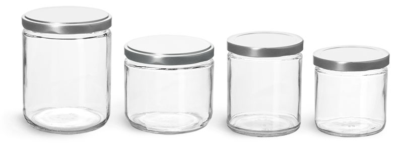 Clear Glass Jars, Clear Straight Sided Glass Jars w/ Silver Metal Lug Caps