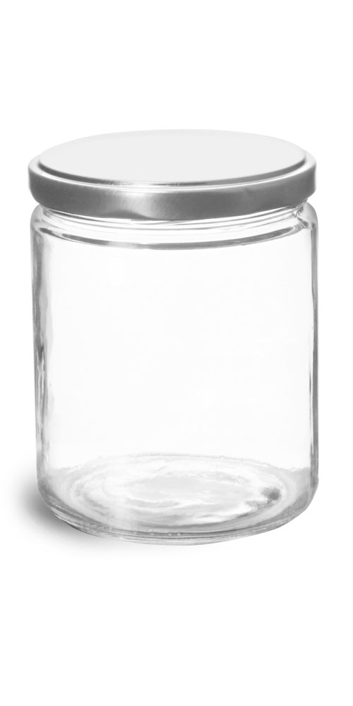 16 oz Clear Glass Straight Sided Jars w/ Silver Metal Lug Caps
