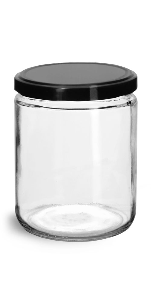 16 oz Clear Glass Straight Sided Jars w/ Black Plastisol Lined Lug Caps