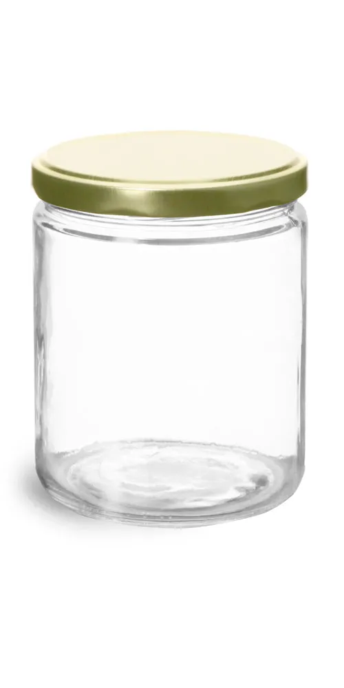 16 oz Clear Glass Straight Sided Jars w/ Gold Metal Plastisol Lined Lug Caps