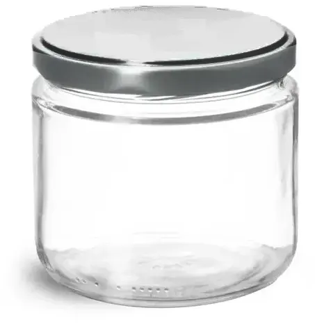 12 oz Clear Glass Straight Sided Jars w/ Silver Metal Lug Caps