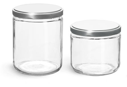 Clear Clear Straight Sided Glass Jars w/ Silver Metal Lug Caps