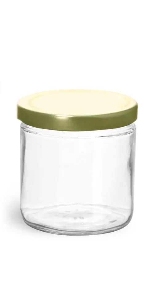 7.75 oz Clear Glass Straight Sided Jars w/ Gold Metal Lined Lug Caps