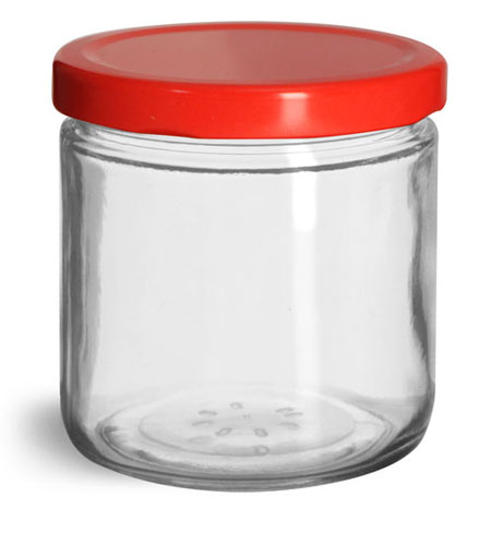 Clear Glass Jars, Clear Straight Sided Glass Jars w/ Red Metal Plastisol Lined Lug Caps