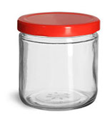Clear Straight Sided Glass Jars w/ Red Metal Plastisol Lined Lug Caps