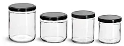 Clear Glass Jars, Clear Straight Sided Glass Jars w/ Black Metal Plastisol Lined Lug Caps
