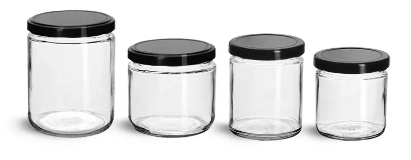 Clear Glass Jars, Clear Straight Sided Glass Jars w/ Black Metal Plastisol Lined Lug Caps