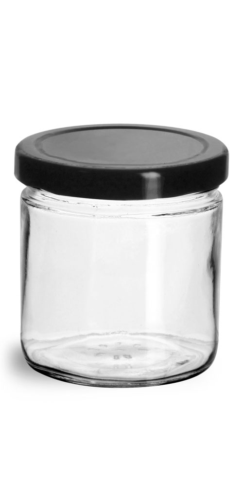 7.75 oz Clear Glass Straight Sided Jars w/ Black Metal Plastisol Lined Lug Caps