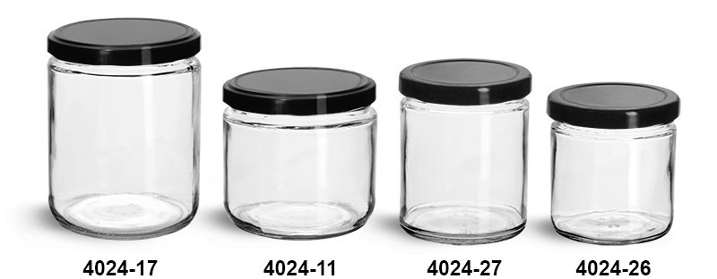 Clear Glass Jars, Clear Straight Sided Glass Jars w/ Black Metal Plastisol Lined Lug Caps