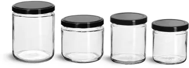 Clear Clear Straight Sided Glass Jars w/ Black Metal Plastisol Lined Lug Caps