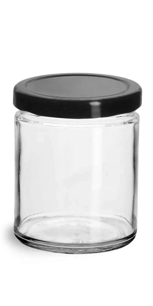 9 oz Clear Glass Straight Sided Jars w/ Black Metal Plastisol Lined Lug Caps