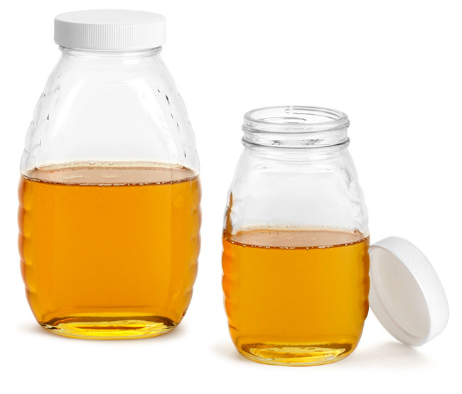 Clear Glass Honey Jars w/ White Ribbed Unlined Caps