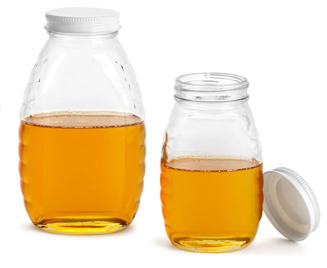 Clear Glass Jars, Glass Honey Jars w/ White Metal Plastisol Lined Caps