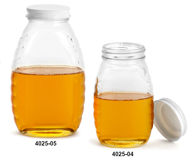 Clear Glass Jars, Clear Glass Honey Jars w/ White Metal Plastisol Lined Caps