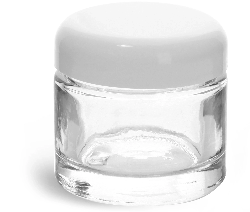 2.3 oz Clear Glass Jars, Clear Glass Thick Wall Cosmetic Jars w/ White Dome PE Lined Caps