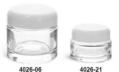 Clear Glass Jars, Clear Glass Thick Wall Cosmetic Jars w/ White Dome F-217 Lined Caps