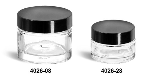 Clear Glass Jars, Clear Glass Thick Wall Cosmetic Jars w/ Black Phenolic F-217 Lined Caps